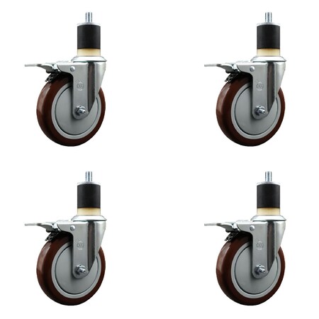 Service Caster 5'' Maroon Poly Swivel 1-7/8'' Expanding Stem Caster Set Total Lock Brake, 4PK SCC-EXTTL20S514-PPUB-MRN-178-4
